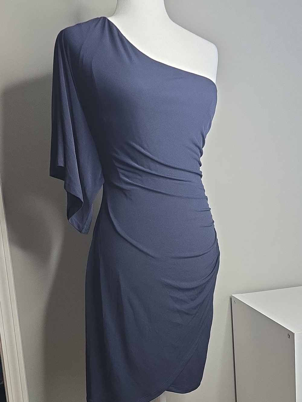 Enfocus Studio One-Shoulder Navy Dress with Draped Sleeve